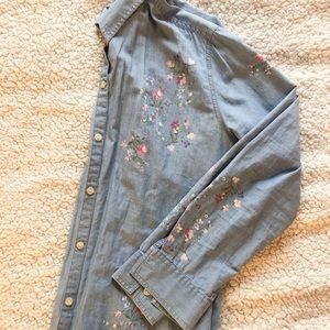 Liz Claiborne Chambray Floral Button Up Denim Blue